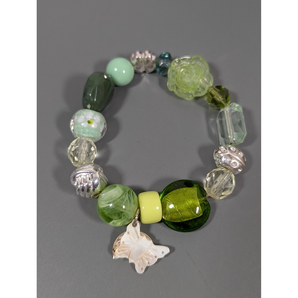 Butterfly Charm Beaded Bracelet Green Art Glass Acrylic Nature Boho 7.5"